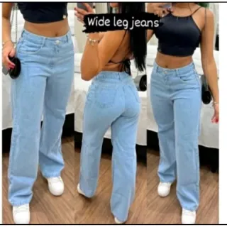 Wide leg pantalona jeans feminina - Cintura alta - Calça escura