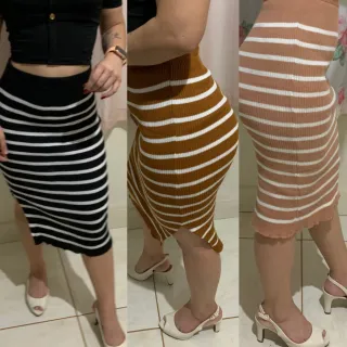 Listras Tendência Saia Midi Tricot Inverno Fenda - PRETA COM LISTRAS CARAMELO