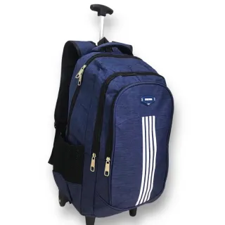 Mochila juvenil e adulto com rodinhas e alças de costas - preta listras brancas