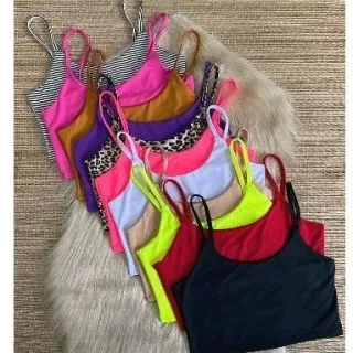 Top Cropped Feminino Regatinha Forrado Alcinha Fina Suplex - Rosa Chiclete