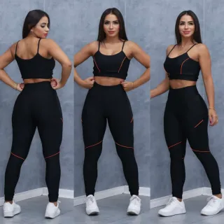 Kit Fitness Feminino Preto: Top + Calça Legging de Academia - Conjunto Basico - DETALHE AMARELO