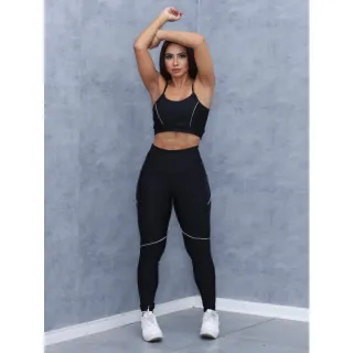 Kit Fitness Feminino Preto: Top + Calça Legging de Academia - Conjunto Basico - DETALHE AMARELO