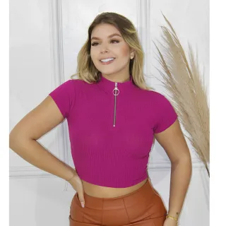 Moda Blogueira Verão: Cropped Feminino Manga Curta com Zíper Canelado - Off White