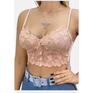 Top Cropped Nude com Renda - Fundo - Branco