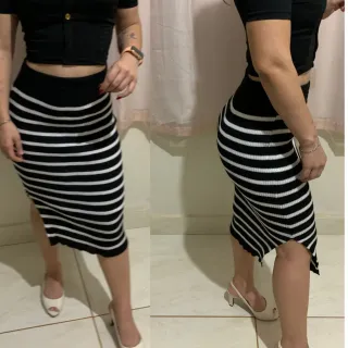 Listras Tendência Saia Midi Tricot Inverno Fenda - PRETA COM LISTRAS CARAMELO