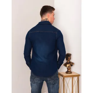Blusa casual masculina manga longa jeans slim social 1% elastano - Azul Escuro