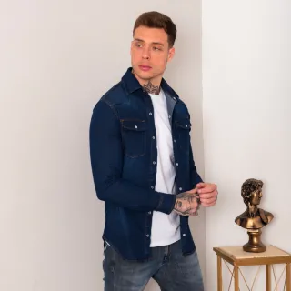 Blusa casual masculina manga longa jeans slim social 1% elastano - Azul Escuro