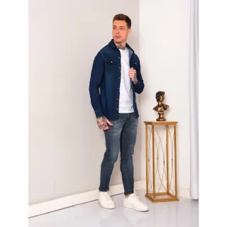 Blusa casual masculina manga longa jeans slim social 1% elastano - Azul Escuro