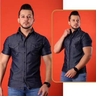 Slim Fit Manga Curta Camisa Jeans Masculina - Azul Claro
