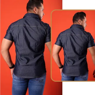 Slim Fit Manga Curta Camisa Jeans Masculina - Azul Claro