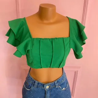 Cropped Amarração Alça Babado Busto Forrado 002 - Preto