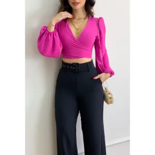 Blusa Elegante Manga Comprida Bufante Amarração Multiformas - Verde Bandeira