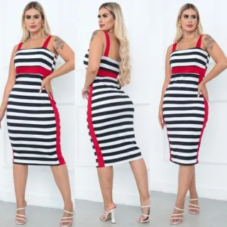 Moda Gringa - Vestido Estiloso Alça Larga com Faixa Lateral - TELHA /PEROLA