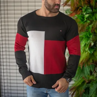 Blusa de tricot Premium Masculina Gola Redonda alta qualidade - Preto/Vermelho/Branco