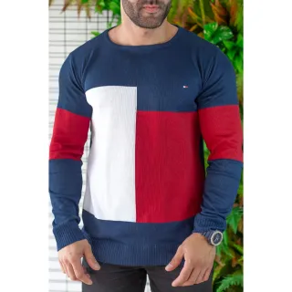 Blusa de tricot Premium Masculina Gola Redonda alta qualidade - Preto/Vermelho/Branco