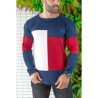 Blusa de tricot Premium Masculina Gola Redonda alta qualidade - Preto/Vermelho/Branco