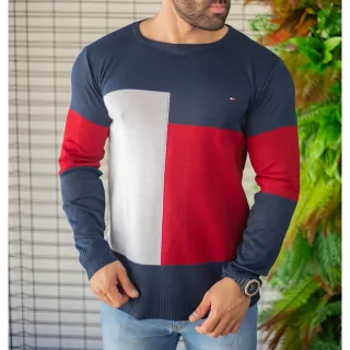 Blusa de tricot Premium Masculina Gola Redonda alta qualidade - Preto/Vermelho/Branco