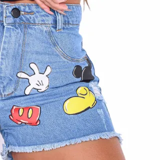 Boyfriend Silkado Mickey Shorts Jeans Feminino - Desenho Claro - JEANS CLARO