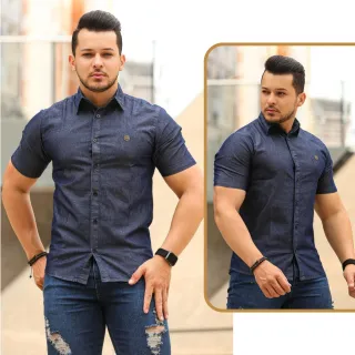 Bordada Manga Curta Masculina Camisa Jeans - Azul Escuro