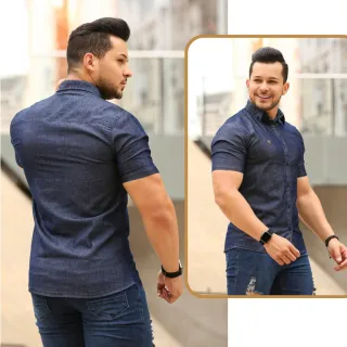 Bordada Manga Curta Masculina Camisa Jeans - Azul Escuro