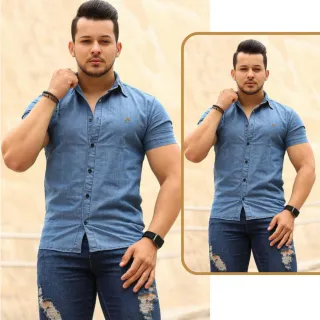 Bordada Manga Curta Masculina Camisa Jeans - Azul Escuro