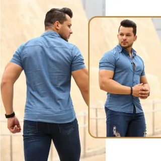 Bordada Manga Curta Masculina Camisa Jeans - Azul Escuro