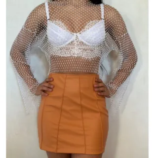 Saia Estilosa Courino Cintura Alta - Branco