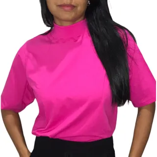 Camiseta feminina básica de algodão com gola alta - T-shirts - Pink