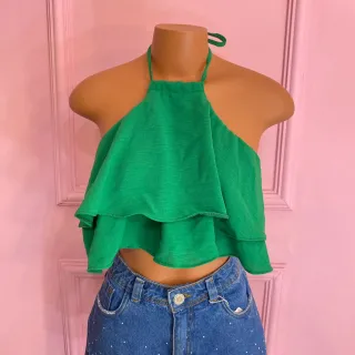Cropped com babado e amarração no pescoço - 025 - Verde musgo