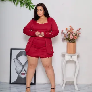 Moda Inverno Conjunto Feminino Blazer Cropped e Shorts Saia Rodeio Lindo - Fúcsia