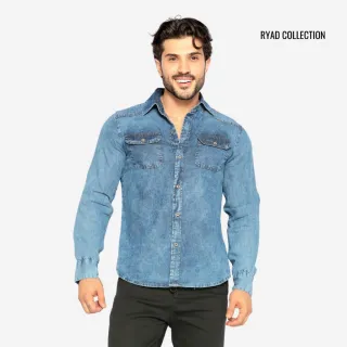 Estilosa Camisa Masculina Manga Longa Social Slim Jeans - Jeans Mescla