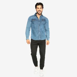Estilosa Camisa Masculina Manga Longa Social Slim Jeans - Jeans Mescla