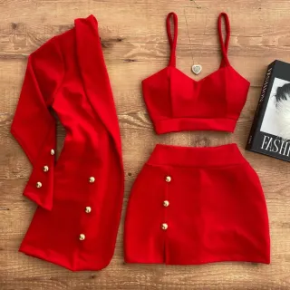 Moda Inverno Conjunto Feminino Blazer Cropped e Shorts Saia Rodeio Lindo - Fúcsia