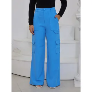 Calça Cargo Alfaiataria Pantalona com Bolso Lateral - Azul Bebê