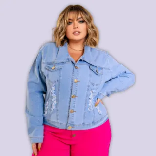Jaqueta Lisa Plus Size Feminina Jeans Coloração Clara - Atenas Jeans - Tom Escuro