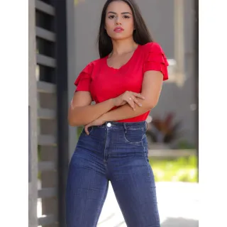 Blusa PREMIUM Manga Curta Suede BABADO 3 - Vermelho