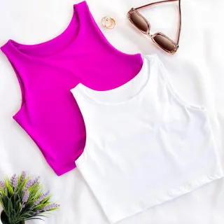 Moda Verão: Kit 2 Cropped Feminino Suplex Liso Básico - Várias Cores - Preto/fúcsia