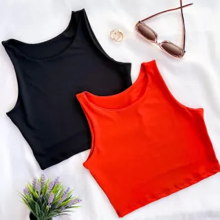 Moda Verão: Kit 2 Cropped Feminino Suplex Liso Básico - Várias Cores - Preto/Terracota