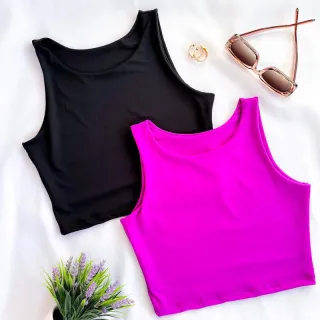 Moda Verão: Kit 2 Cropped Feminino Suplex Liso Básico - Várias Cores - Preto/fúcsia