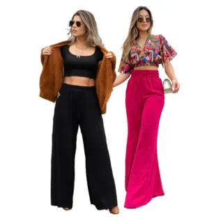 Wide Legg Calça Feminina Pantalona em Crepe Duna - Rosa Fluida