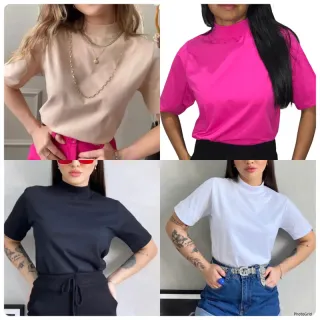 Camiseta feminina básica de algodão com gola alta - T-shirts