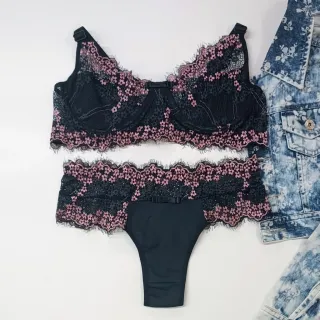 Conjunto Bicolor Plus Size 565 - Lingerie de Renda Tamanho Especial - Lilas/Verde