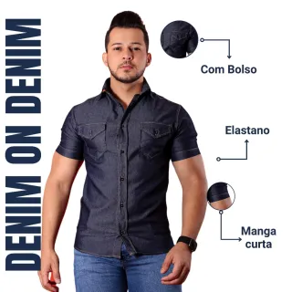 Slim Fit Manga Curta Camisa Jeans Masculina - Azul Claro