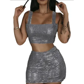 Saia Feminino Luxuoso e Conjunto Cropped em PAÊTE - Rose Golde