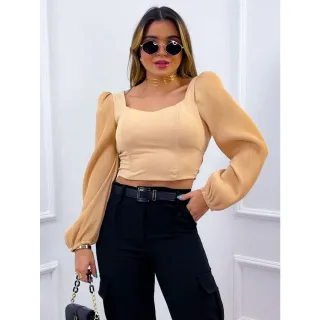 Manga longa plissada, Blusa Karol cropped - Off White