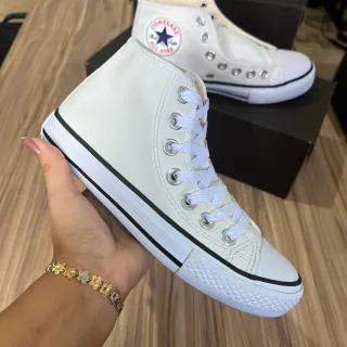 Tenis Cano Alto Allstar Caramelo Estrela Lateral Bege - Preto Couro