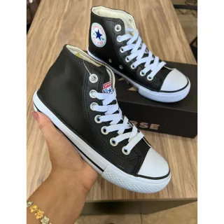 Tenis Cano Alto Allstar Caramelo Estrela Lateral Bege - Preto Couro