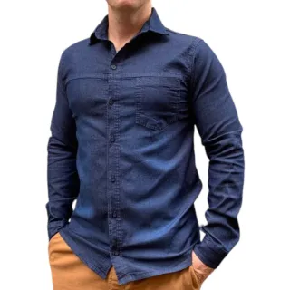 Camisa Social Masculina Slim Manga Longa Jeans com Elastano - Azul Medio