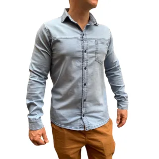 Camisa Social Masculina Slim Manga Longa Jeans com Elastano