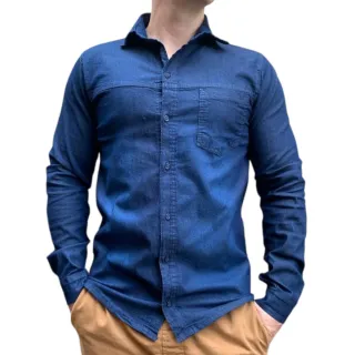 Camisa Social Masculina Slim Manga Longa Jeans com Elastano - Azul Medio